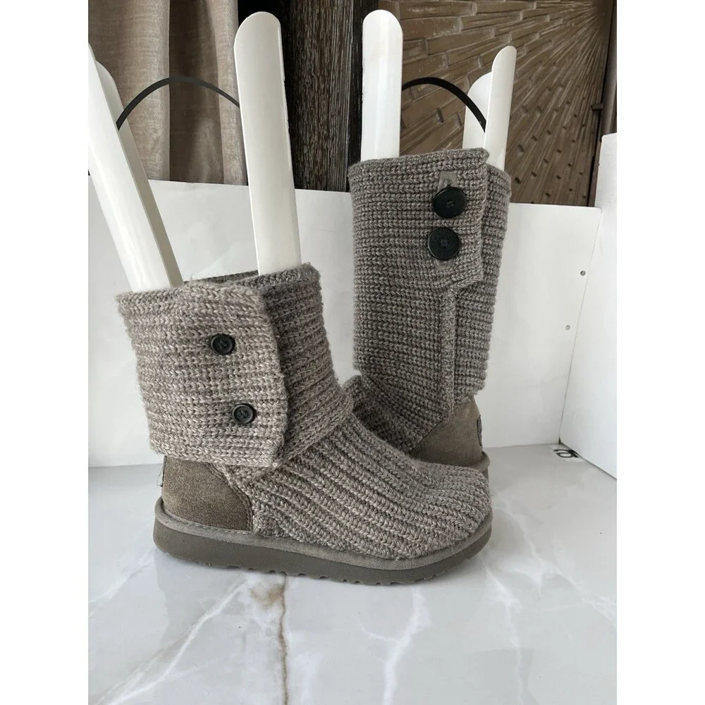 UGG Youth Junior Girls CARDY Black 5649 Short Tall Gray Knit Wool Fur Sz 5